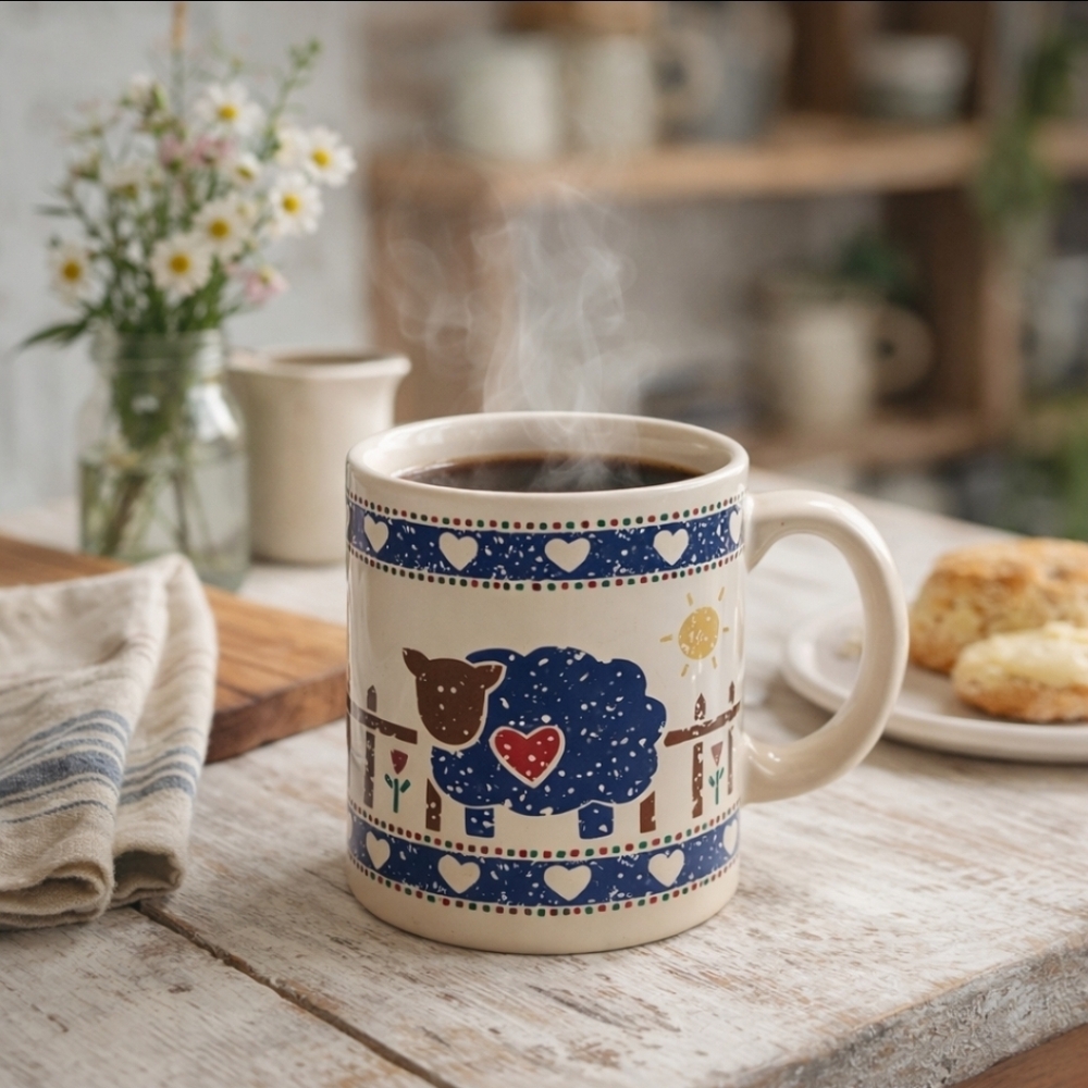 Vintage Folkprints Sheep Mug Cottagecore Farmhouse Country Stoneware